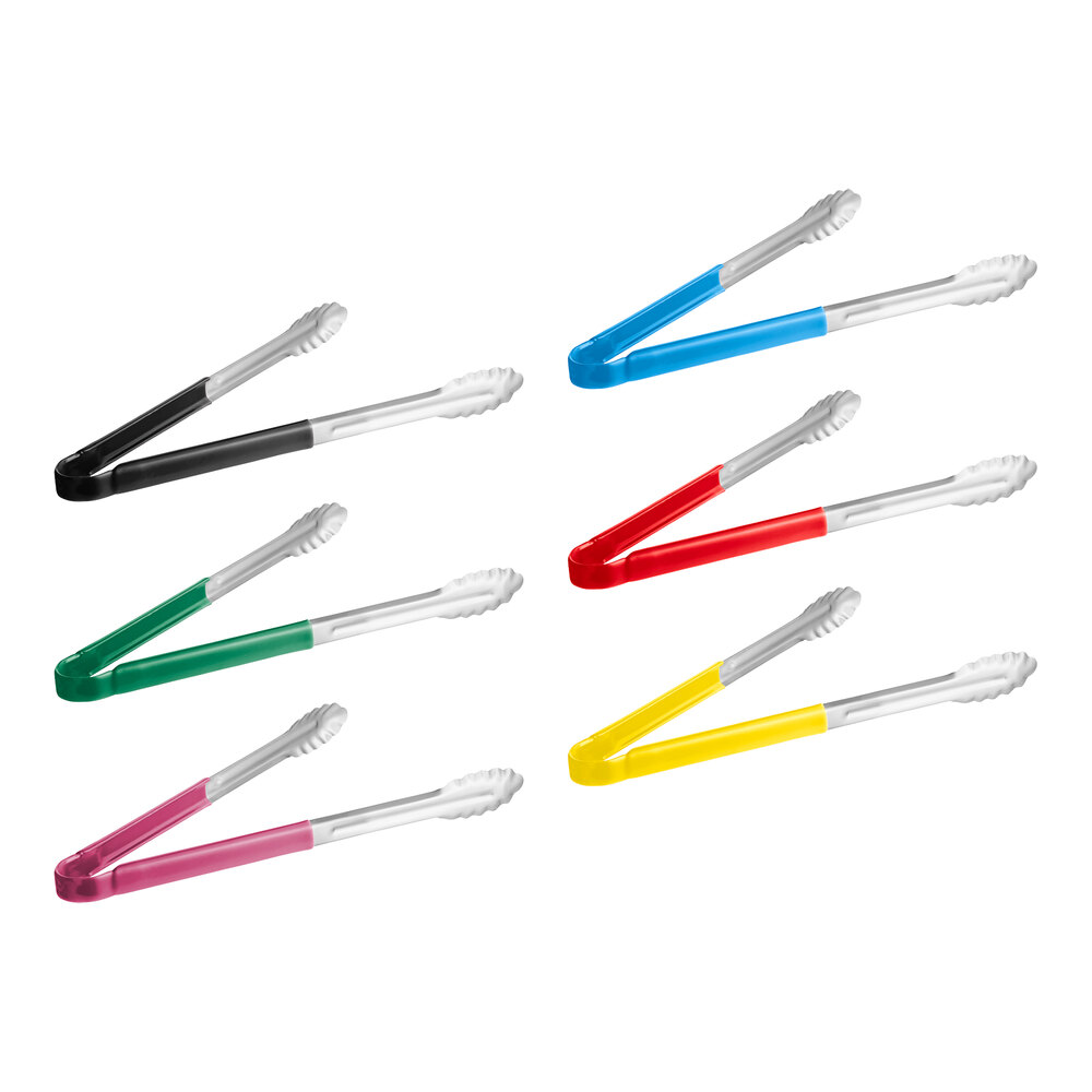 Choice 16" HACCP Color Coated Handles Stainless Steel Scalloped Tongs - 6/Set
