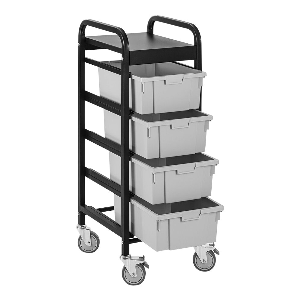 Luxor 14 3/4" x 17 1/2" x 41 1/2" Black / Gray Mobile Bin Storage Unit / Lug Cart with 4 Bins UCWS002 - 200 lb. Capacity