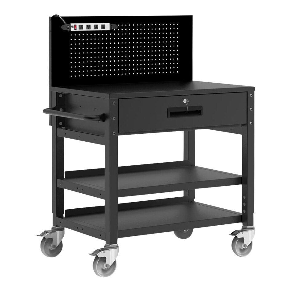 Luxor 40" x 25" x 51 1/4"-64 3/4" Black Steel 2-Shelf Adjustable Height Heavy-Duty Mobile Work Station with Power Strip - 1,200 lb. Capacity