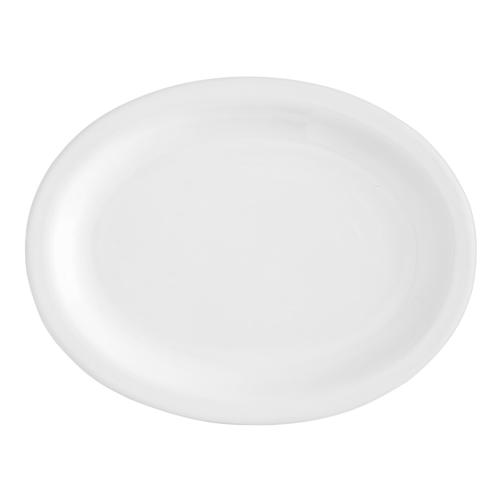 Acopa 11" x 8 1/2" Bright White Narrow Rim Oval Stoneware Platter - 12/Case