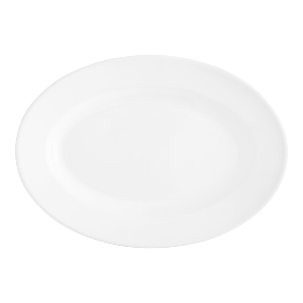 Acopa 16" x 11 1/4" Bright White Wide Rim Rolled Edge Oval Stoneware Platter - 6/Case