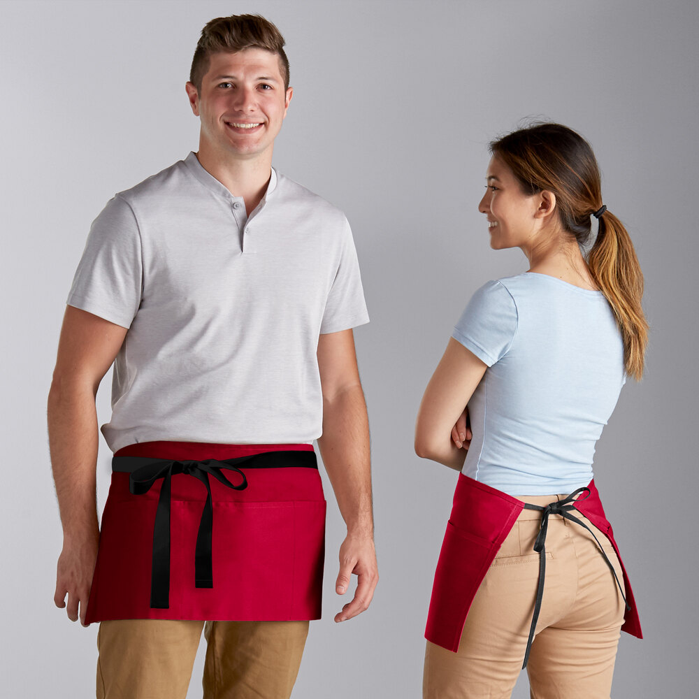 Choice Red Poly-Cotton Waist Apron with Black Webbing and 3 Pockets - 12" x 26"