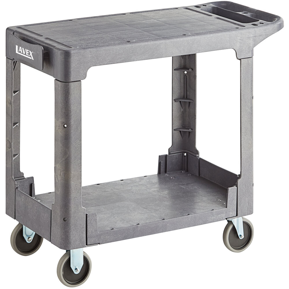 Lavex Medium Gray 2-Shelf Utility Cart with Flat Top and Built-In Tool Compartment - 38" x 18 3/4" x 32 1/4"