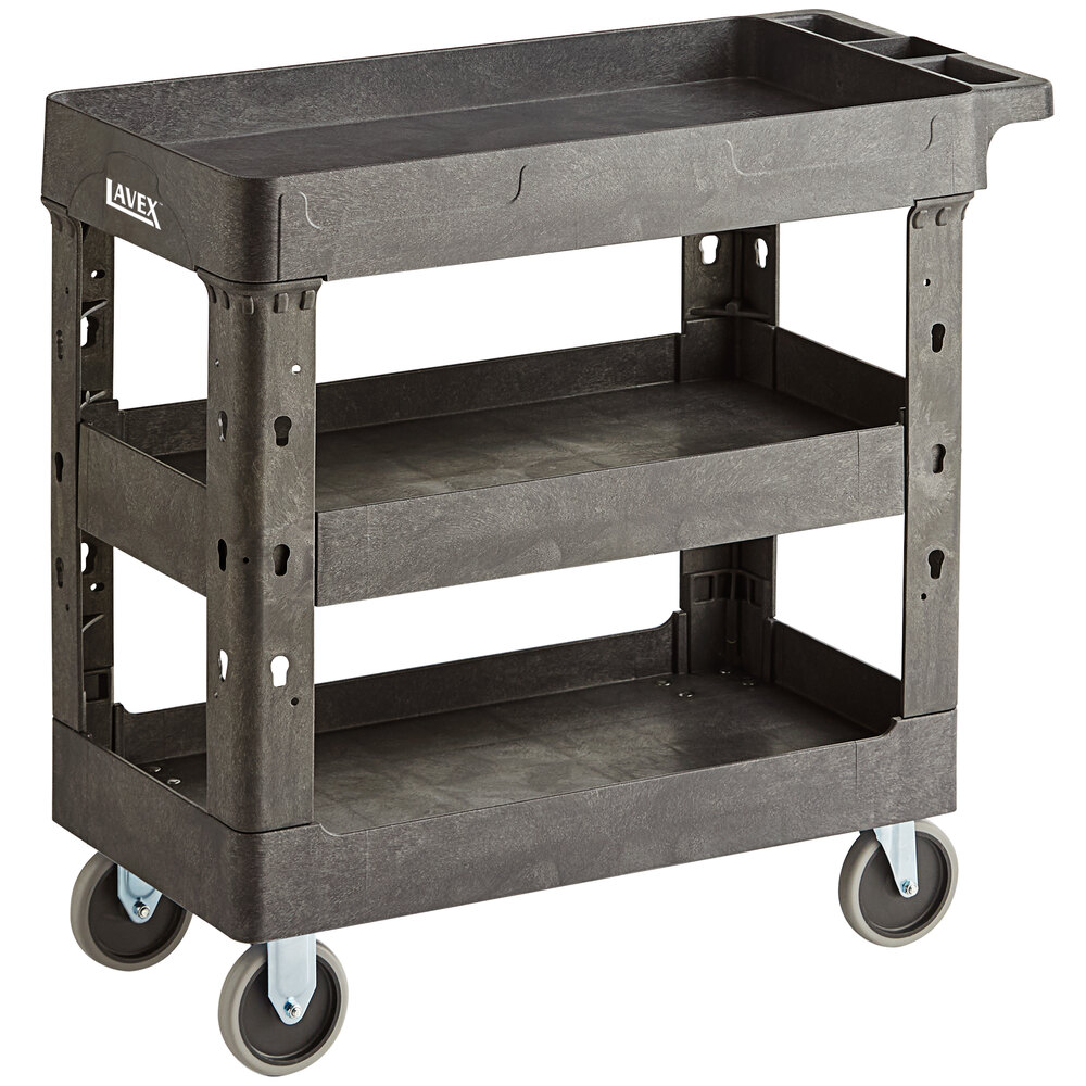 Lavex Medium Black 3-Shelf Utility Cart - 34 1/2" x 16 1/2" x 32 1/2"
