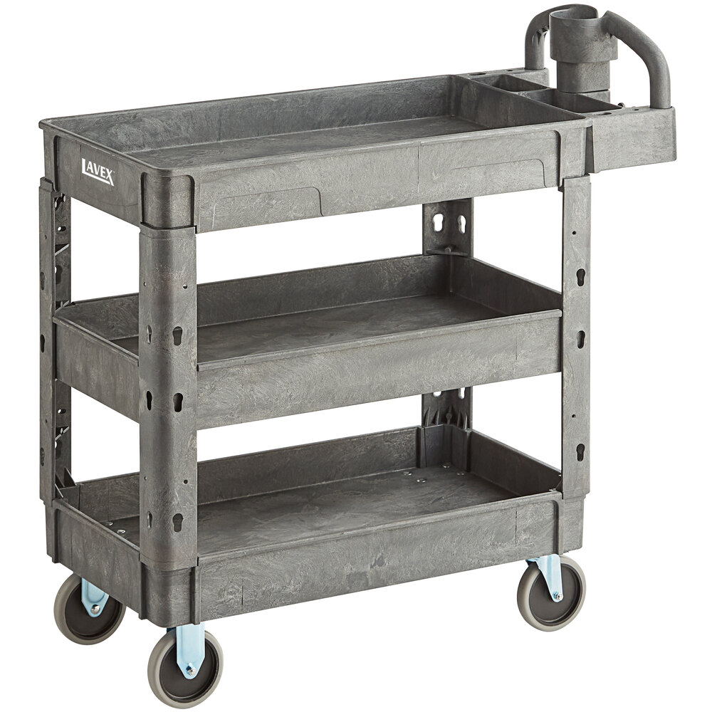 Lavex Medium Gray 3-Shelf Utility Cart with Ergonomic Handle and Built-In Tool Compartments - 37 5/8" x 17 1/8" x 38 7/8"