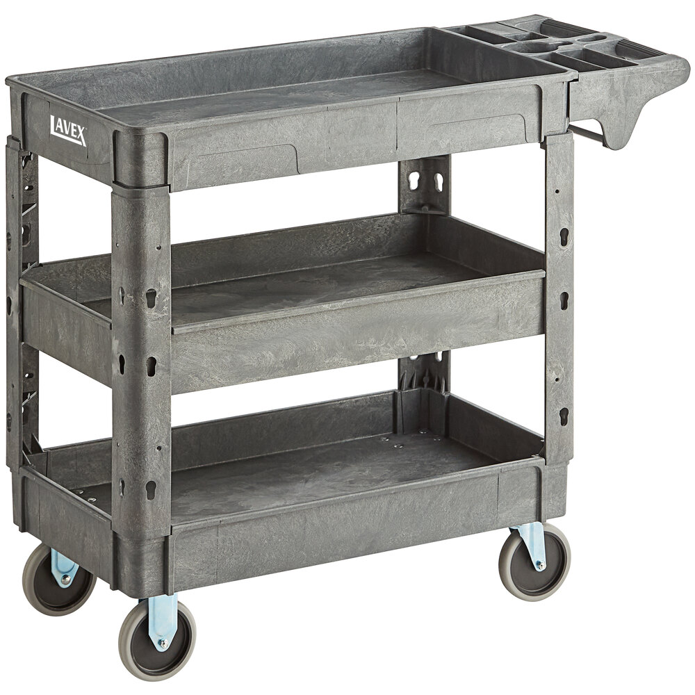 Lavex Medium Gray 3-Shelf Utility Cart with Premium Handle and Built-In Tool Compartments - 40 11/16" x 16 7/8" x 33 1/2"