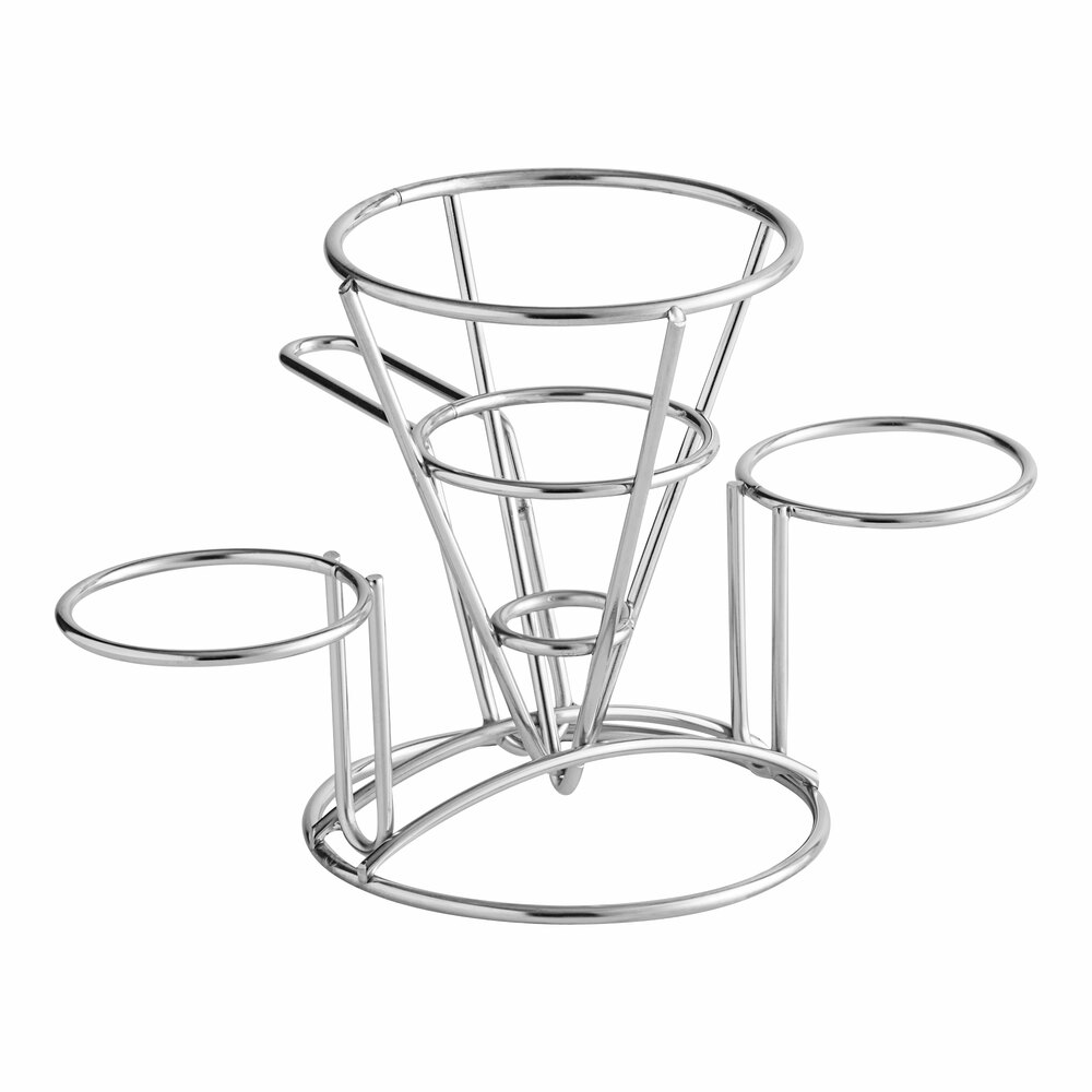 Clipper Mill by G.E.T. 4-96282 4 1/4" x 6" Stainless Steel Wire Cone Basket with 2 Ramekin Holders and Handle