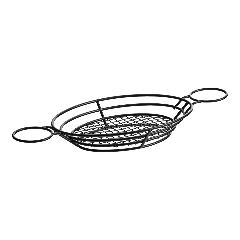 Clipper Mill by G.E.T. 4-38822 11" x 8" Black Powder Coated Iron Oval Wire Basket with Raised Grid Base and 2 Ramekin Holders