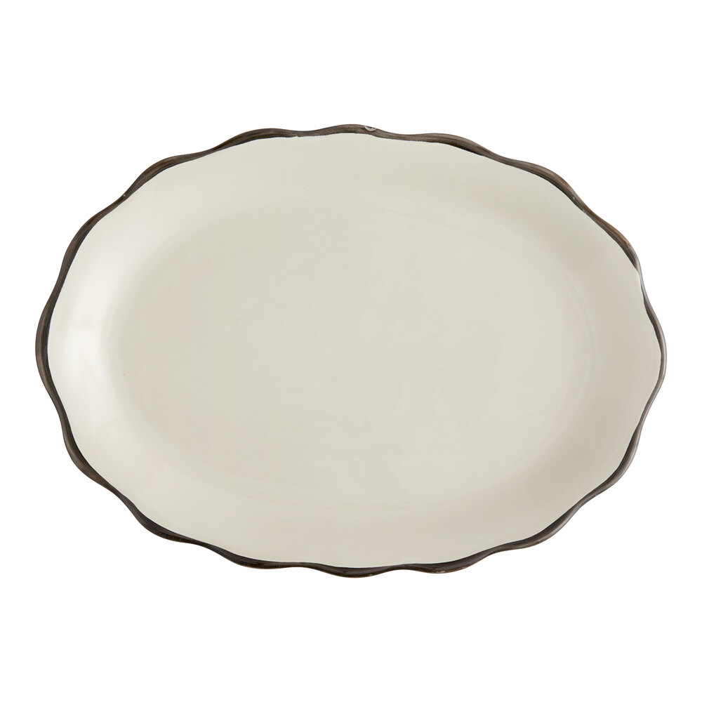 Acopa 12 5/8" x 9 1/4" Ivory (American White) Scalloped Edge Stoneware Platter with Black Band - 12/Case
