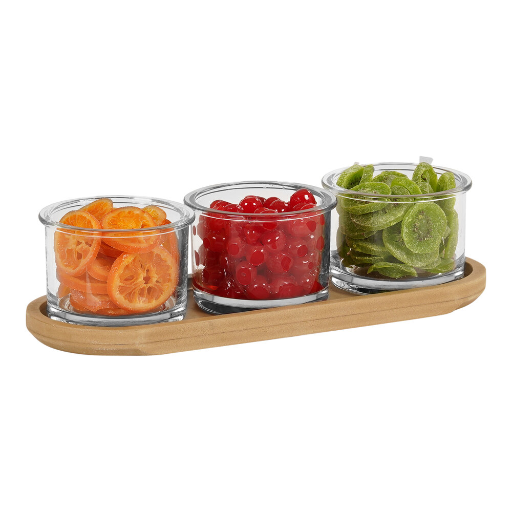 Cal-Mil Renew 16" x 6" x 4" Faux Wood Condiment Organizer with 3 Round Glass Jars