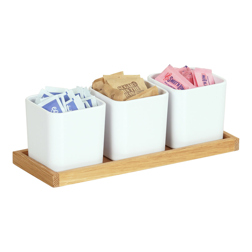 Cal-Mil Sydney 12 3/4" x 5" x 4 1/2" Oak Condiment Organizer with 3 White Square Melamine Jars