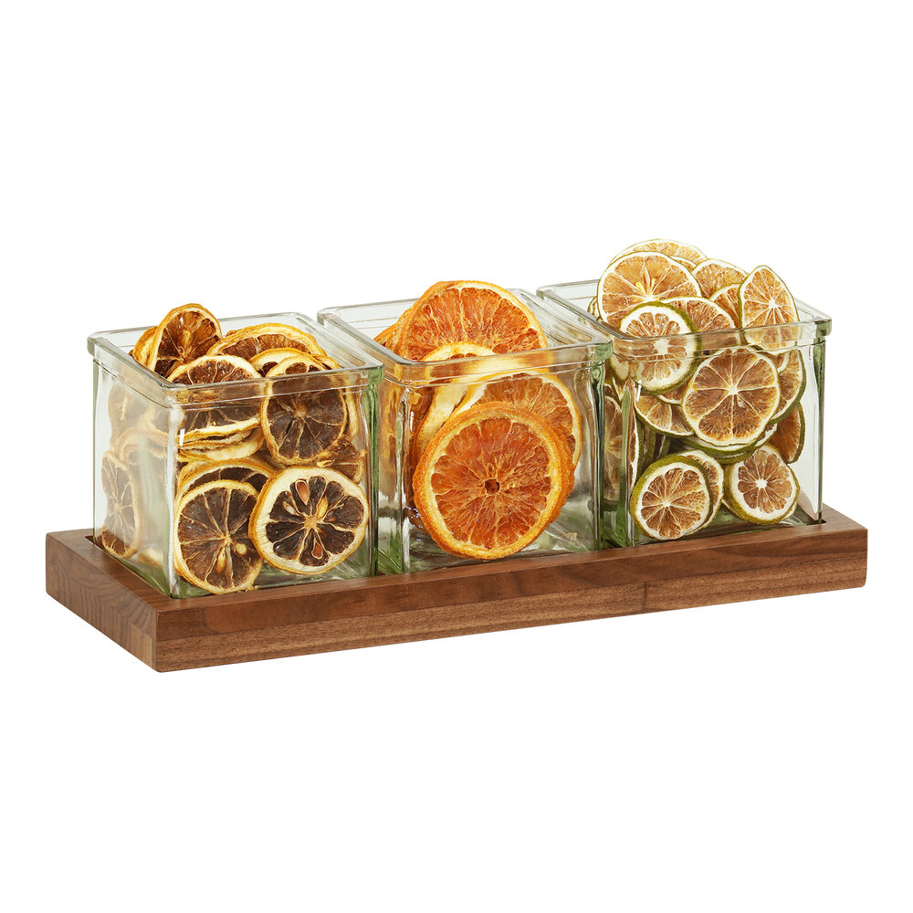 Cal-Mil Sydney 12 3/4" x 5" x 4 1/2" Walnut Condiment Organizer with 3 Square Glass Jars