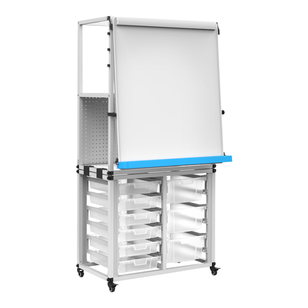 Luxor 22 1/2" x 32" White Steel Mobile Modular Teacher Dry Erase Easel with 9 Storage Bins
