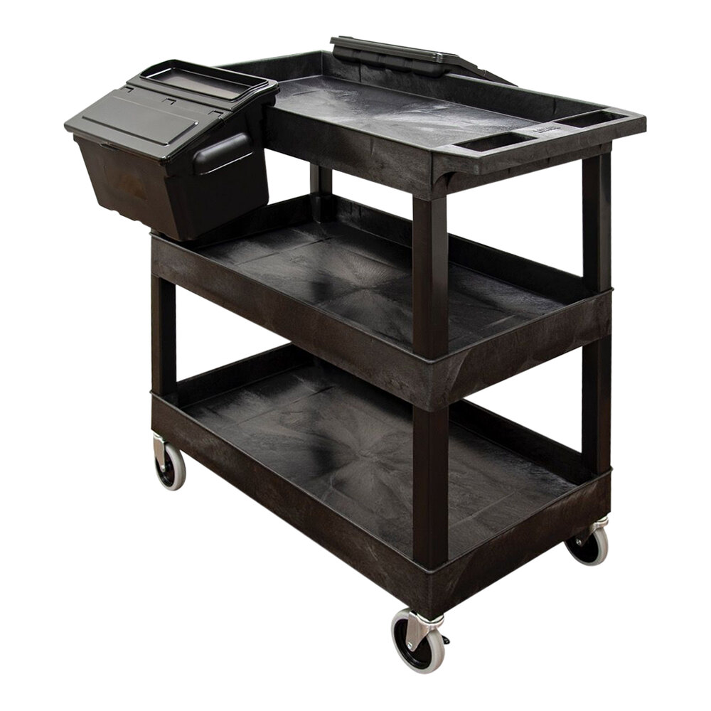 Luxor 18" x 35 1/4" x 36 1/4" Black HDPE Utility Cart with Three Tub Shelves and Two Outrigger Bins EC111-B-OUTRIG