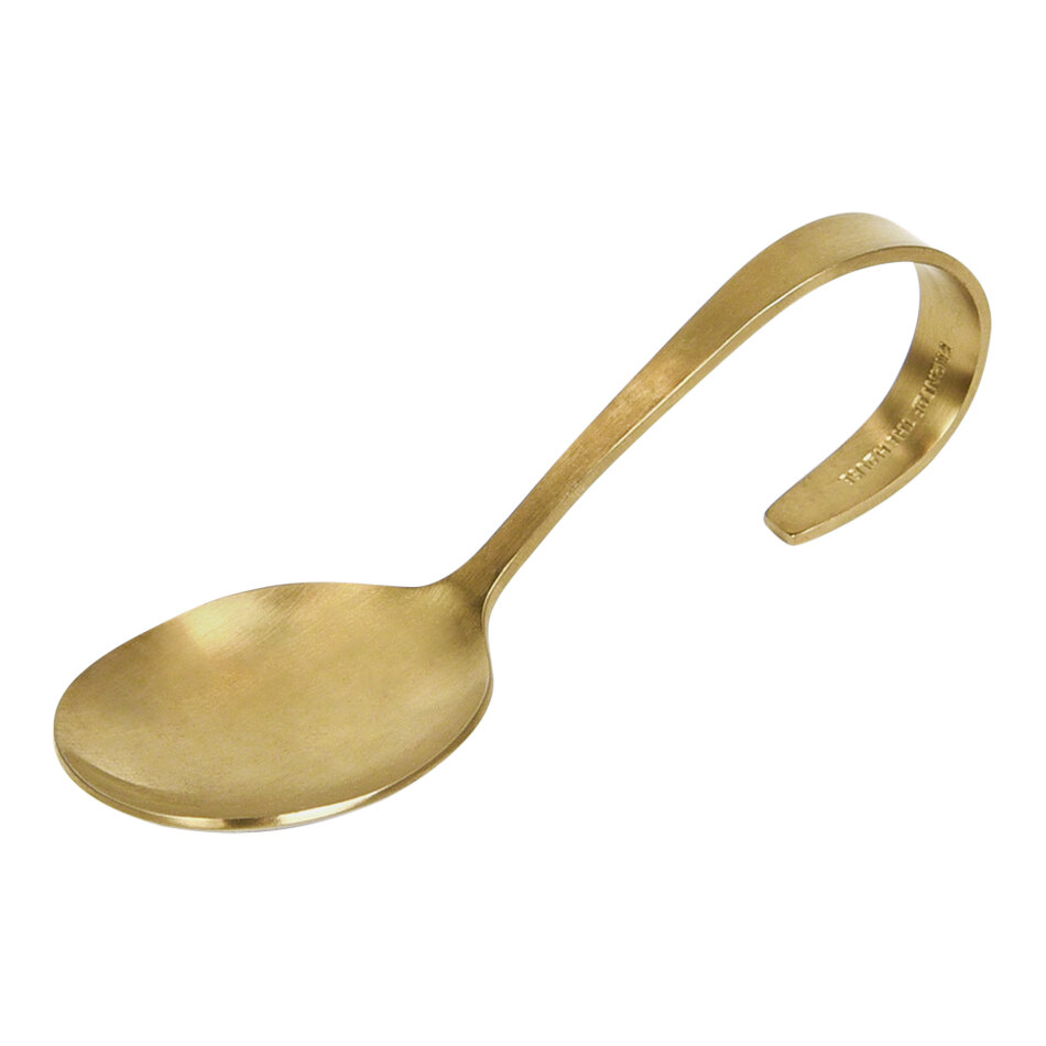 Front of the House 4 3/4" 18/10 Stainless Steel Extra Heavy Weight Matte Brass Bent Sampler™ Taster Spoon - 12/Case