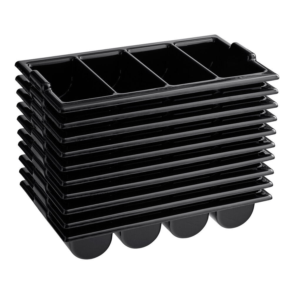 Choice Bulk Case Black 4-Compartment Plastic Cutlery Box / Flatware Bin with Handles - 10/Pack