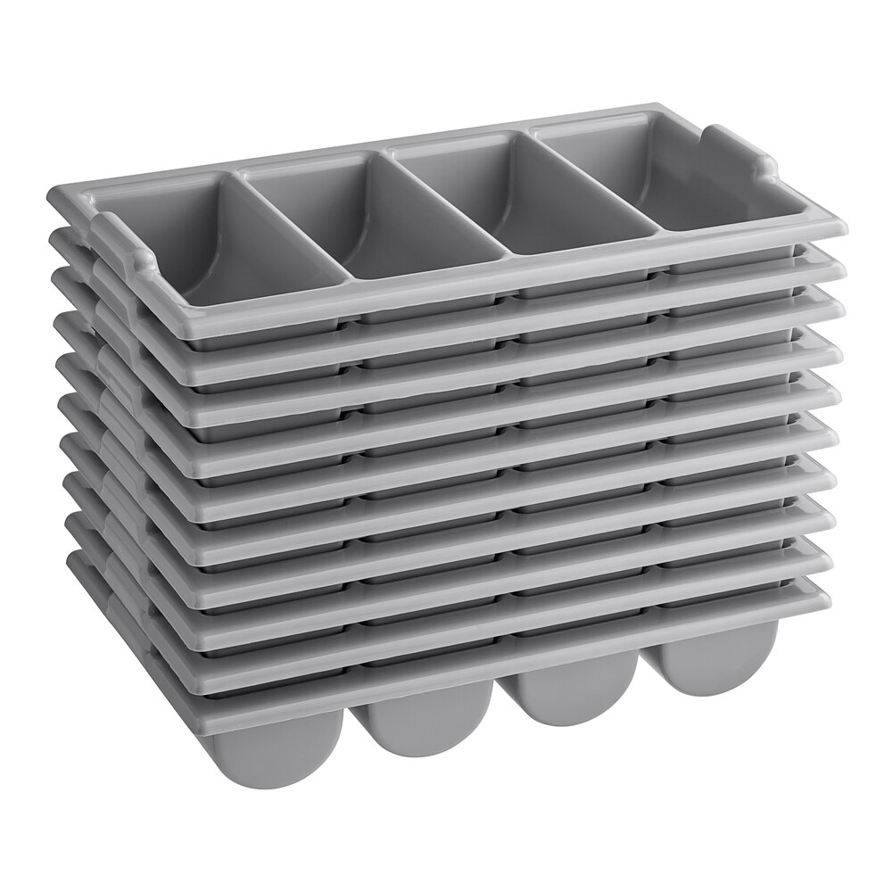 Choice Bulk Case Gray 4-Compartment Plastic Cutlery Box / Flatware Bin with Handles - 10/Pack