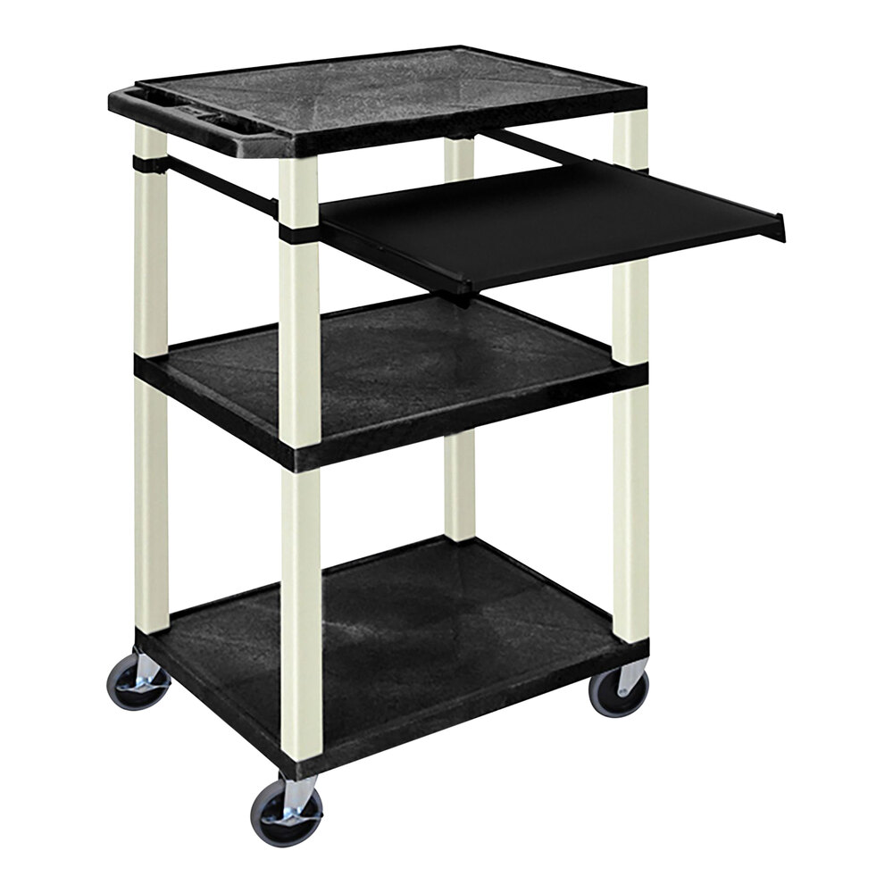 Luxor Tuffy 24" x 18" x 42 1/2" Black / Putty Plastic 3-Shelf Powered Utility Cart with Heavy-Duty Casters, Pullout Keyboard Shelf, Electrical Assembly, and Cord Storage UCPL1PSE-P