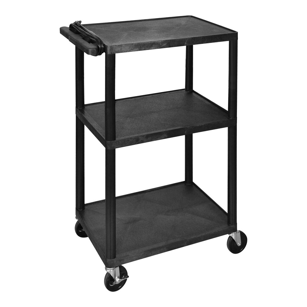 Luxor Tuffy 24" x 18" x 42" Black Structural Foam Plastic 3-Shelf Powered Utility Cart with Heavy-Duty Casters, Electrical Assembly, and Cord Storage UCPL2E-B