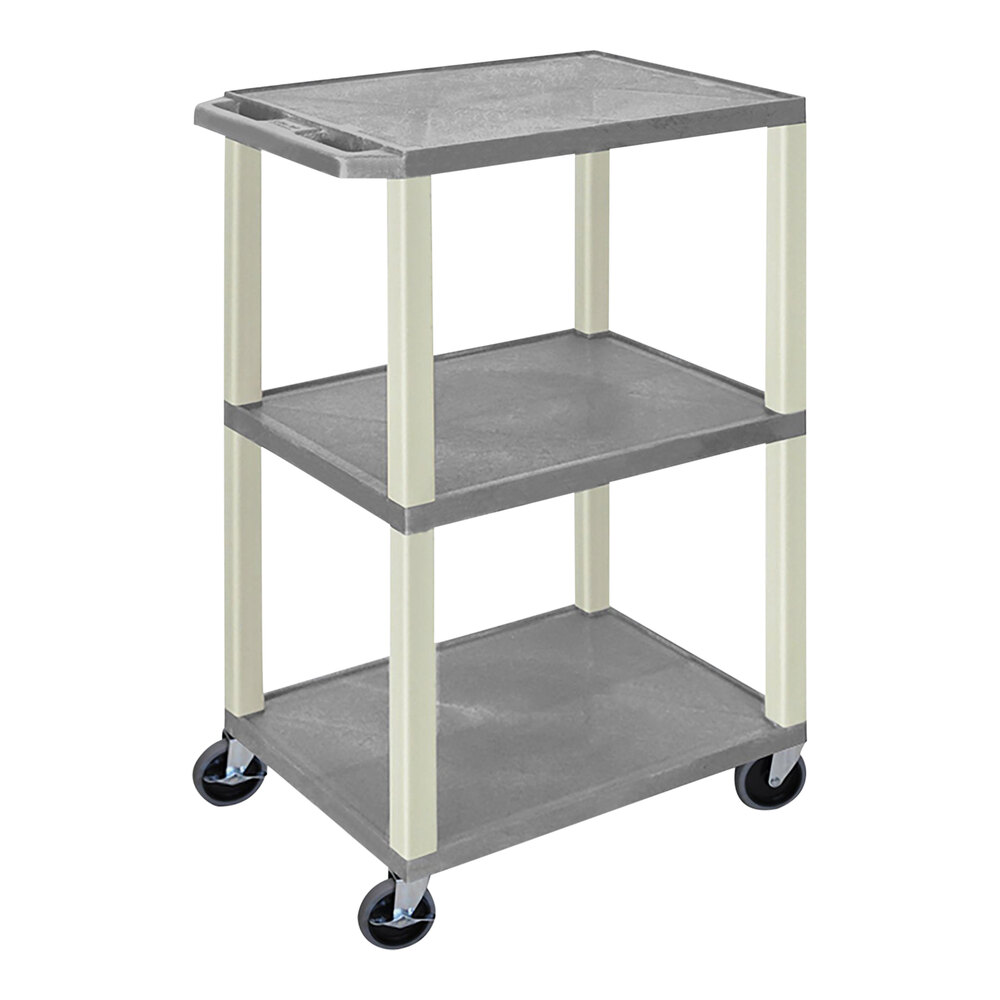 Luxor Tuffy 24" x 18" x 42 1/2" Gray / Putty Plastic 3-Shelf Powered Utility Cart with Heavy-Duty Casters, Electrical Assembly, and Cord Storage UCPL1GYE