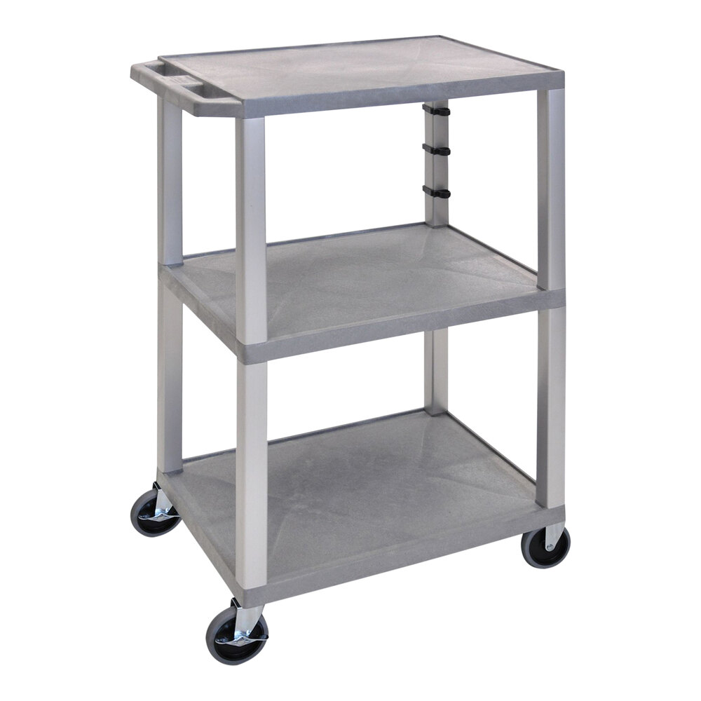 Luxor Tuffy 24" x 18" x 42 1/2" Gray / Nickel Plastic 3-Shelf Powered Utility Cart with Heavy-Duty Casters, Electrical Assembly, and Cord Storage UCPL1GYE-N
