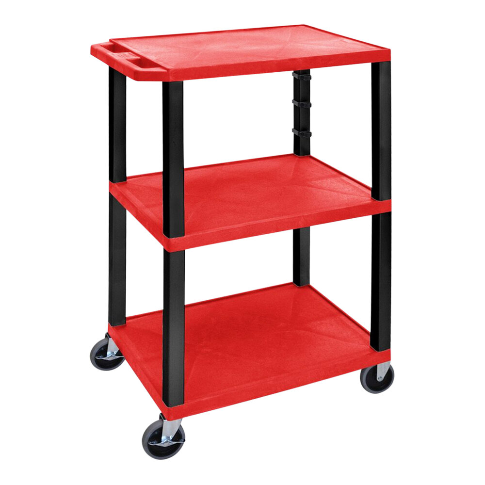 Luxor Tuffy 24" x 18" x 42 1/2" Red / Black Plastic 3-Shelf Powered Utility Cart with Heavy-Duty Casters, Electrical Assembly, and Cord Storage UCPL1RE-B
