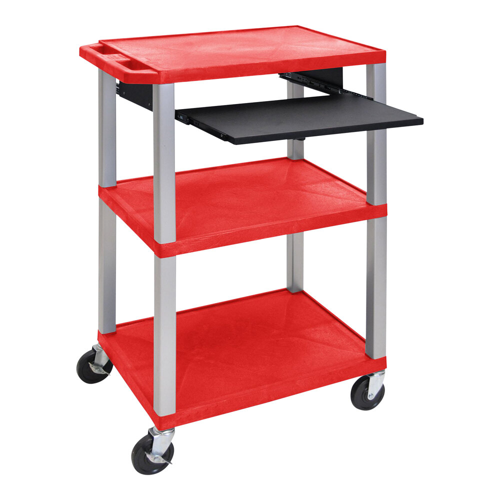 Luxor Tuffy 24" x 18" x 42 1/2" Red / Nickel Plastic 3-Shelf Powered Utility Cart with Heavy-Duty Casters, Pullout Keyboard Shelf, Electrical Assembly, and Cord Storage UCPL1PSRE-N
