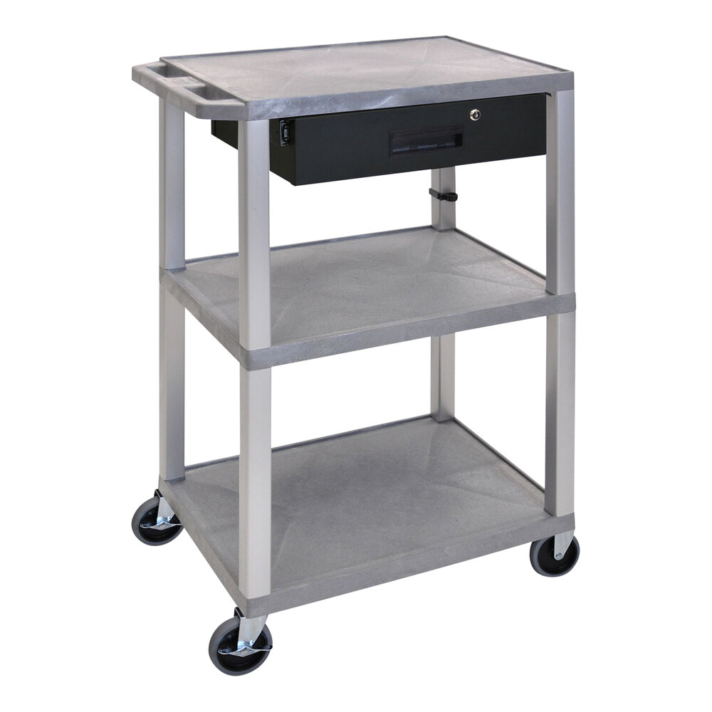 Luxor Tuffy 24" x 18" x 42 1/2" Gray / Nickel Plastic 3-Shelf Powered Utility Cart with Heavy-Duty Casters, Locking Drawer, Electrical Assembly, and Cord Storage UCPL1GYE-N-WTD