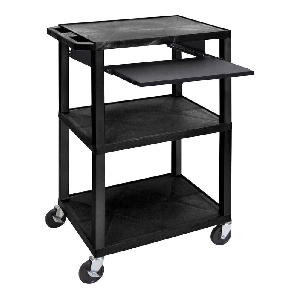 Luxor Tuffy 24" x 18" x 42 1/2" Black Plastic 3-Shelf Powered Utility Cart with Heavy-Duty Casters, Pullout Keyboard Shelf, Electrical Assembly, and Cord Storage UCPL1PSE-B