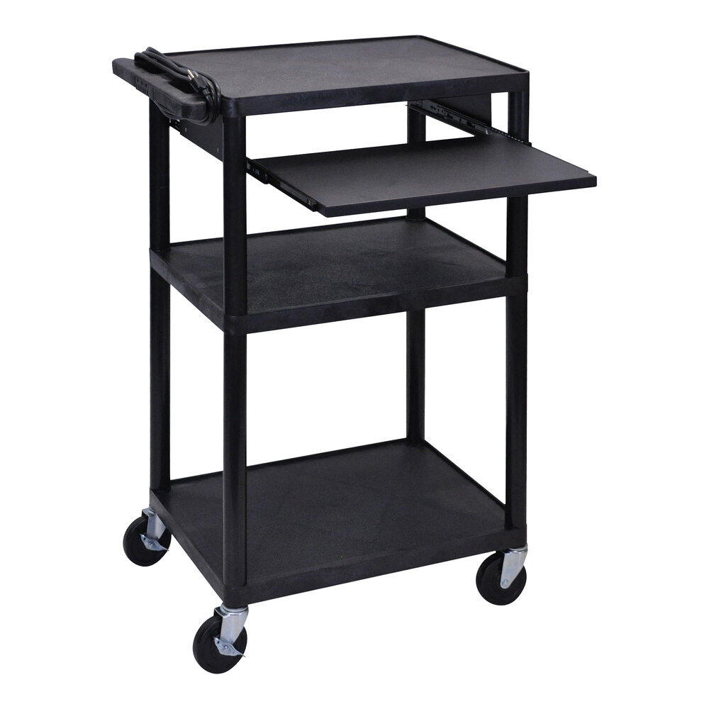 Luxor Tuffy 24" x 18" x 42" Black Structural Foam Plastic 3-Shelf Powered Utility Cart with Heavy-Duty Casters, Pullout Keyboard Shelf, Electrical Assembly, and Cord Storage UCPL2LE-B