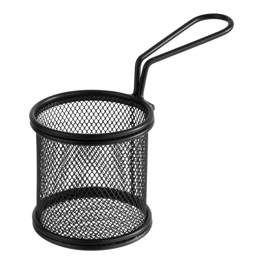 APS Snackholder 3" x 3" Round Matte Black Stainless Steel Mini Fry Basket