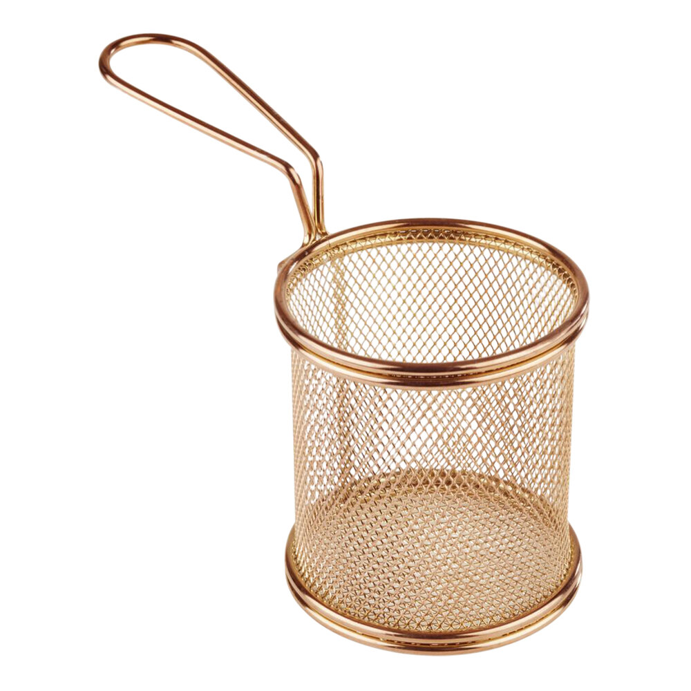 APS Snackholder 3 1/2" x 3 5/16" Round Gold Stainless Steel Mini Fry Basket