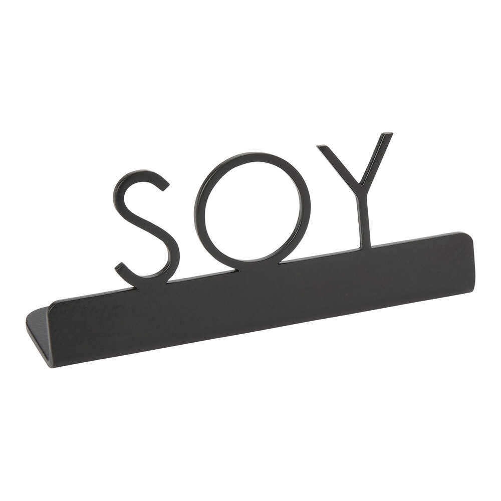 American Metalcraft SBS3 3" x 3/4" x 1 1/4" Black Stainless Steel Laser-Cut Tabletop Sign with "Soy" Print