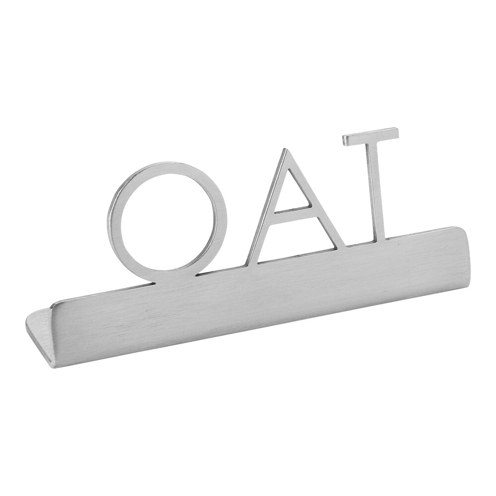 American Metalcraft SSO3 3" x 3/4" x 1 1/4" Stainless Steel Laser-Cut Tabletop Sign with "Oat" Print