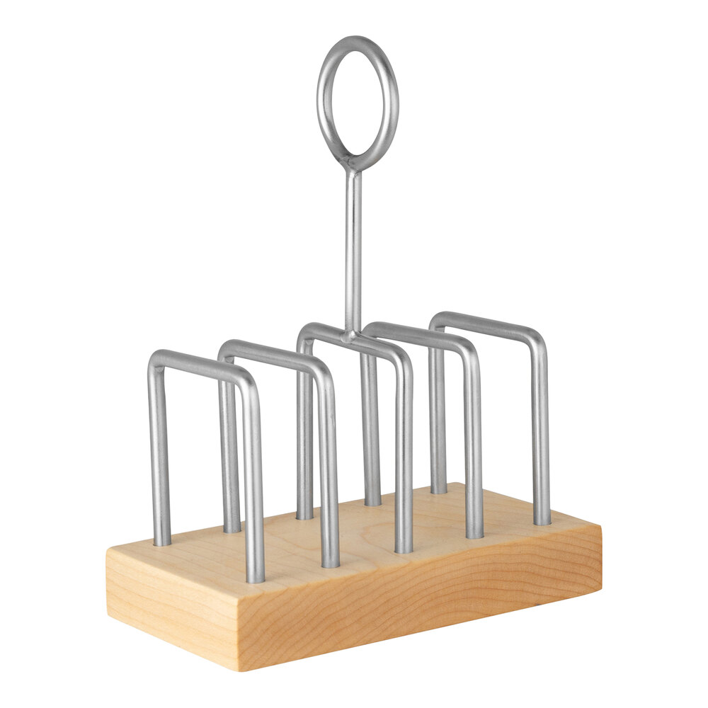 Williamsburg Metalworks by Steelite International 4 1/2" x 2 3/4" x 6" Stainless Steel Toast Rack with Wooden Base