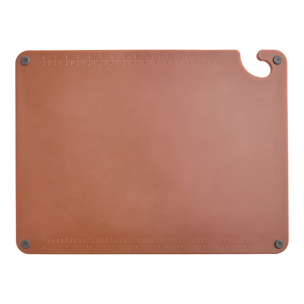Choice 24" x 18" x 1/2" Brown Cutting Board with Grips, Hook, and Rulers
