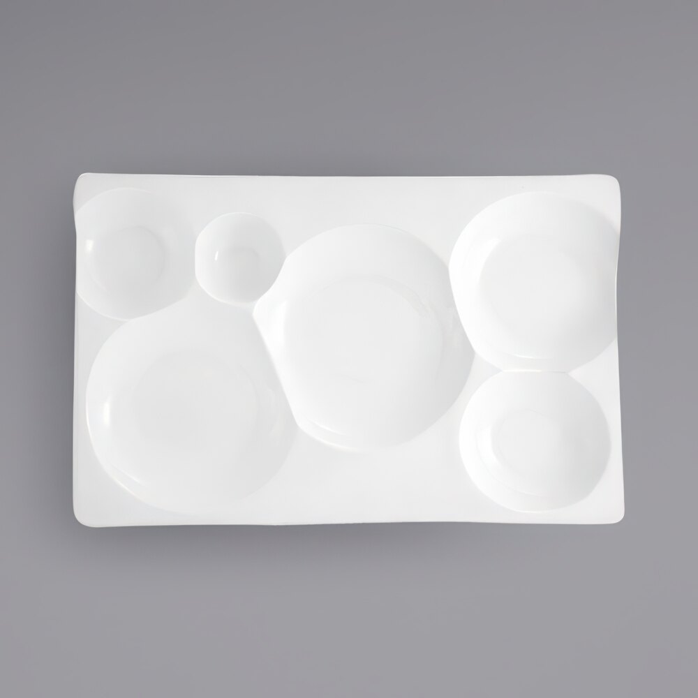 Front of the House BPT037WHP21 Harmony Bento 15 1/2" x 10" Bright White 6-Compartment Rectangular Porcelain Platter - 4/Case