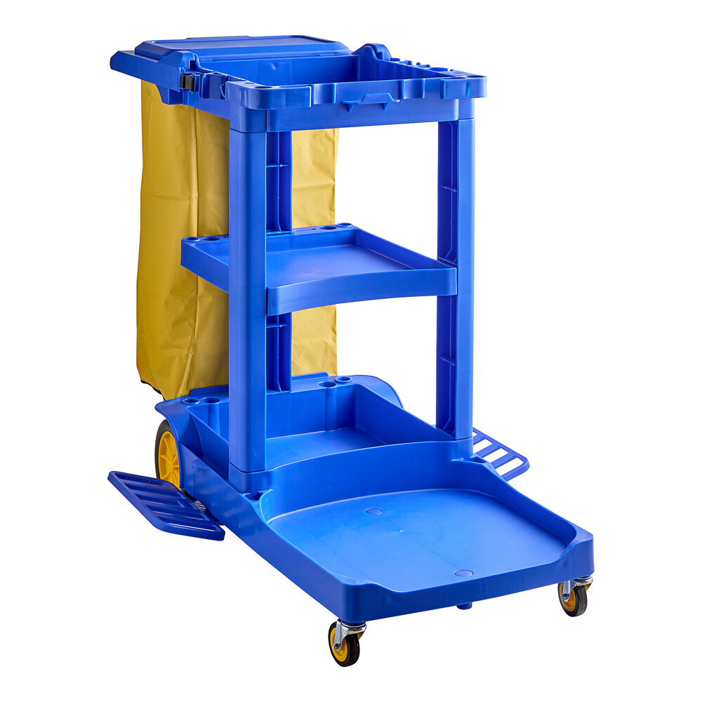 Lavex Premium Blue 3-Shelf Janitor Cart Kit with Yellow Bag, Black Zippered Bag, and Lid