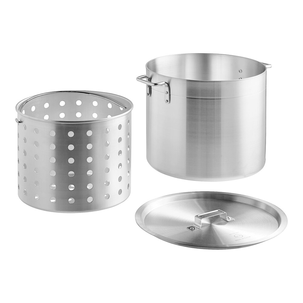 Choice 32 Qt. Standard Weight Aluminum Stock Pot with Steamer Basket and Cover