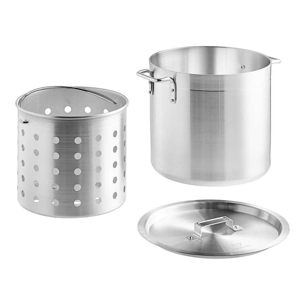 Choice 20 Qt. Standard Weight Aluminum Stock Pot with Steamer Basket and Cover