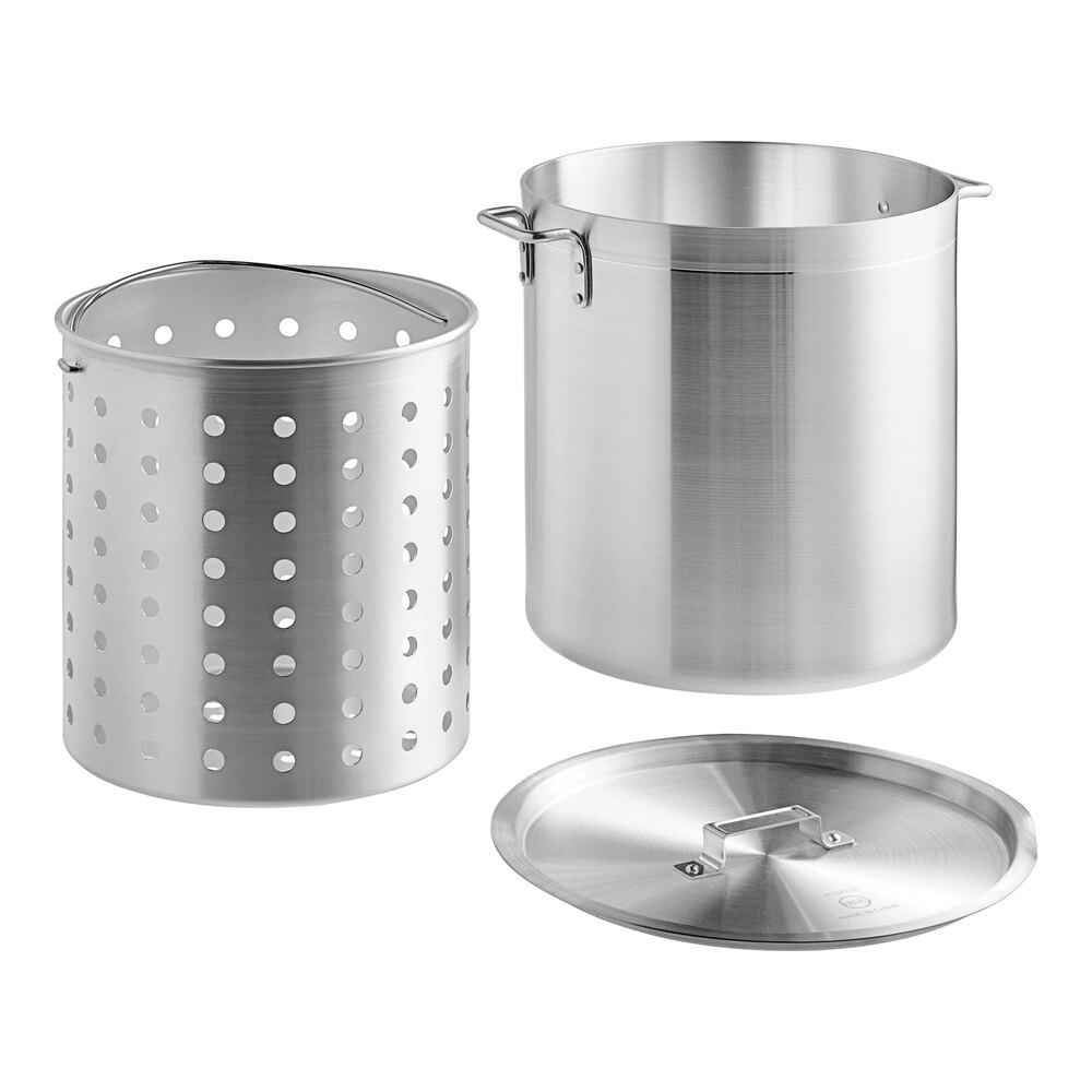Choice 40 Qt. Standard Weight Aluminum Stock Pot with Steamer Basket and Cover