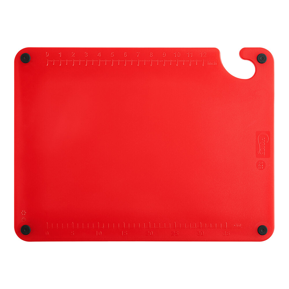 Choice 20" x 15" x 1/2" Red Cutting Board with Grips, Hook, and Rulers