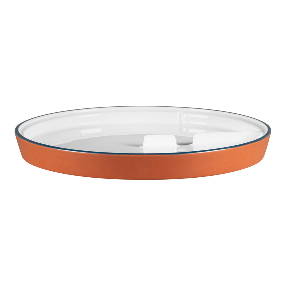 RAK Porcelain Sensate 9 3/8" Matte Brown Porcelain Rimless Plate with White Interior and Blue Edge - 6/Case
