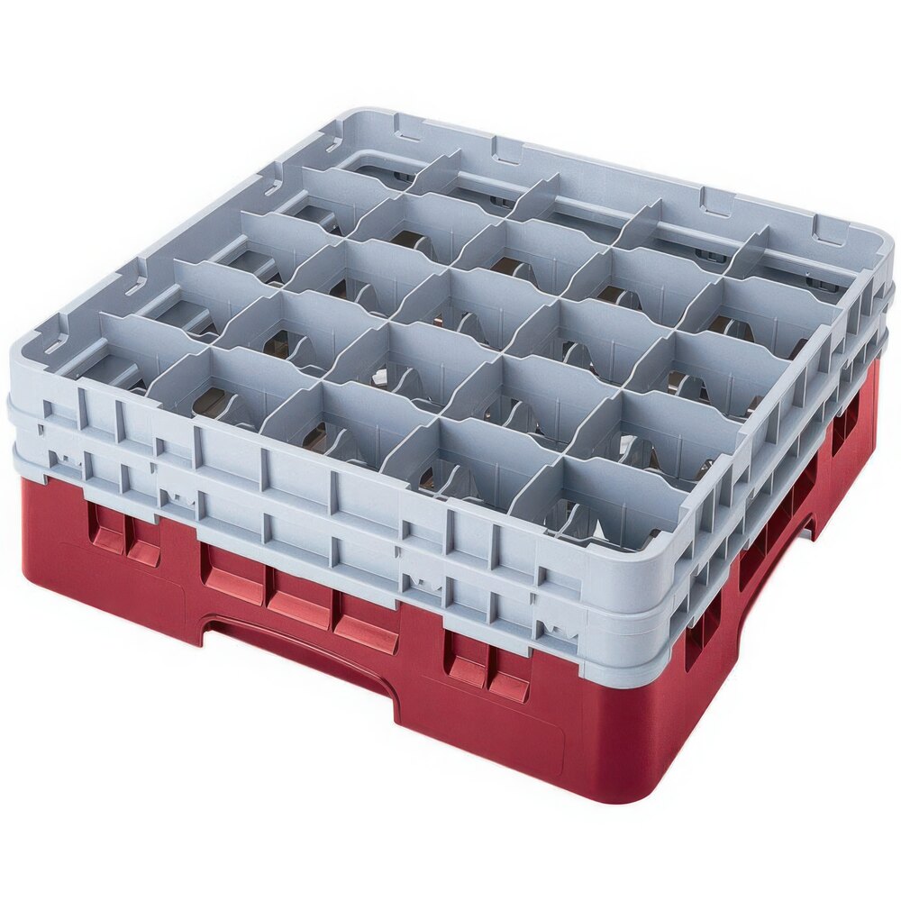 Cambro 25S1214416 Camrack 12 5/8" High Customizable Cranberry 25 Compartment Glass Rack with 6 Extenders