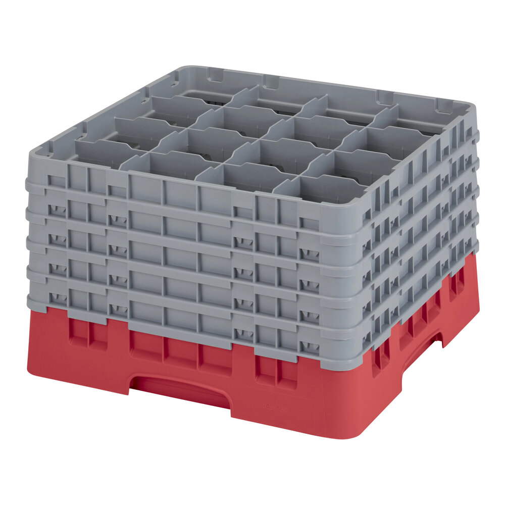Cambro 16S1058163 Camrack 11" High Customizable 16 Red Compartment Glass Rack with 5 Extenders