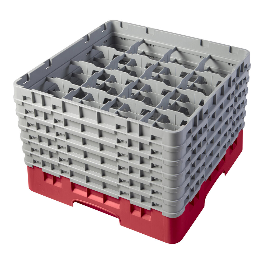 Cambro 16S1114163 Camrack 11 3/4" High Customizable Red 16 Compartment Glass Rack with 6 Extenders