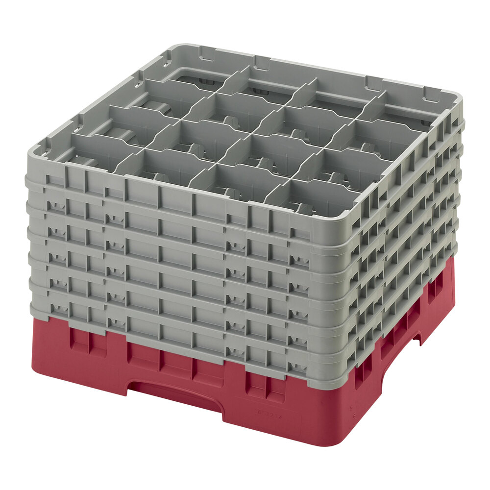 Cambro 16S1214416 Camrack 12 5/8" High Customizable Cranberry 16 Compartment Glass Rack with 6 Extenders