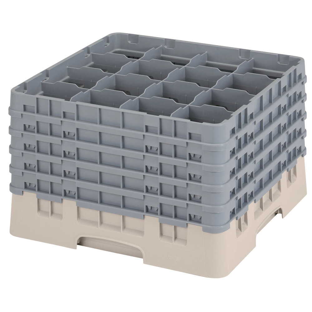 Cambro 16S1058184 Camrack 11" High Customizable Beige 16 Compartment Glass Rack with 5 Extenders