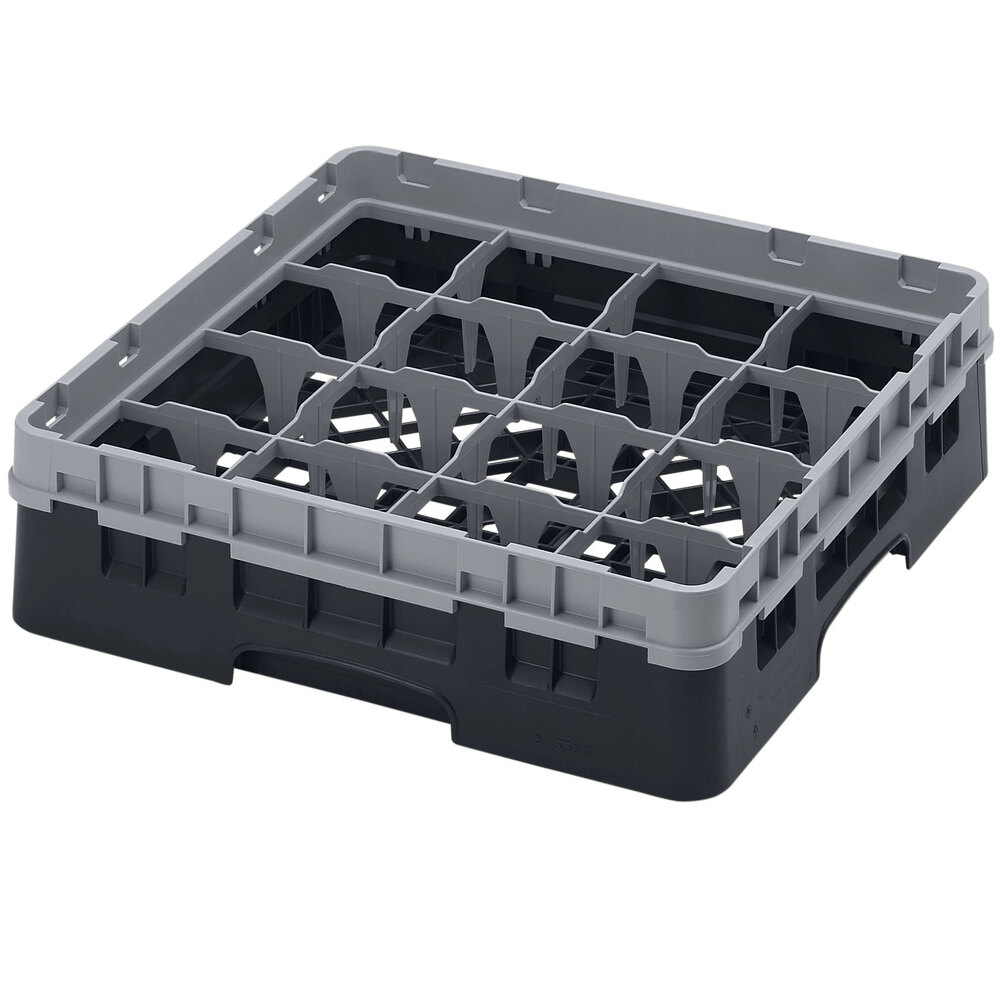 Cambro 16S318110 Camrack 3 5/8" High Customizable Black 16 Compartment Glass Rack with 1 Extender