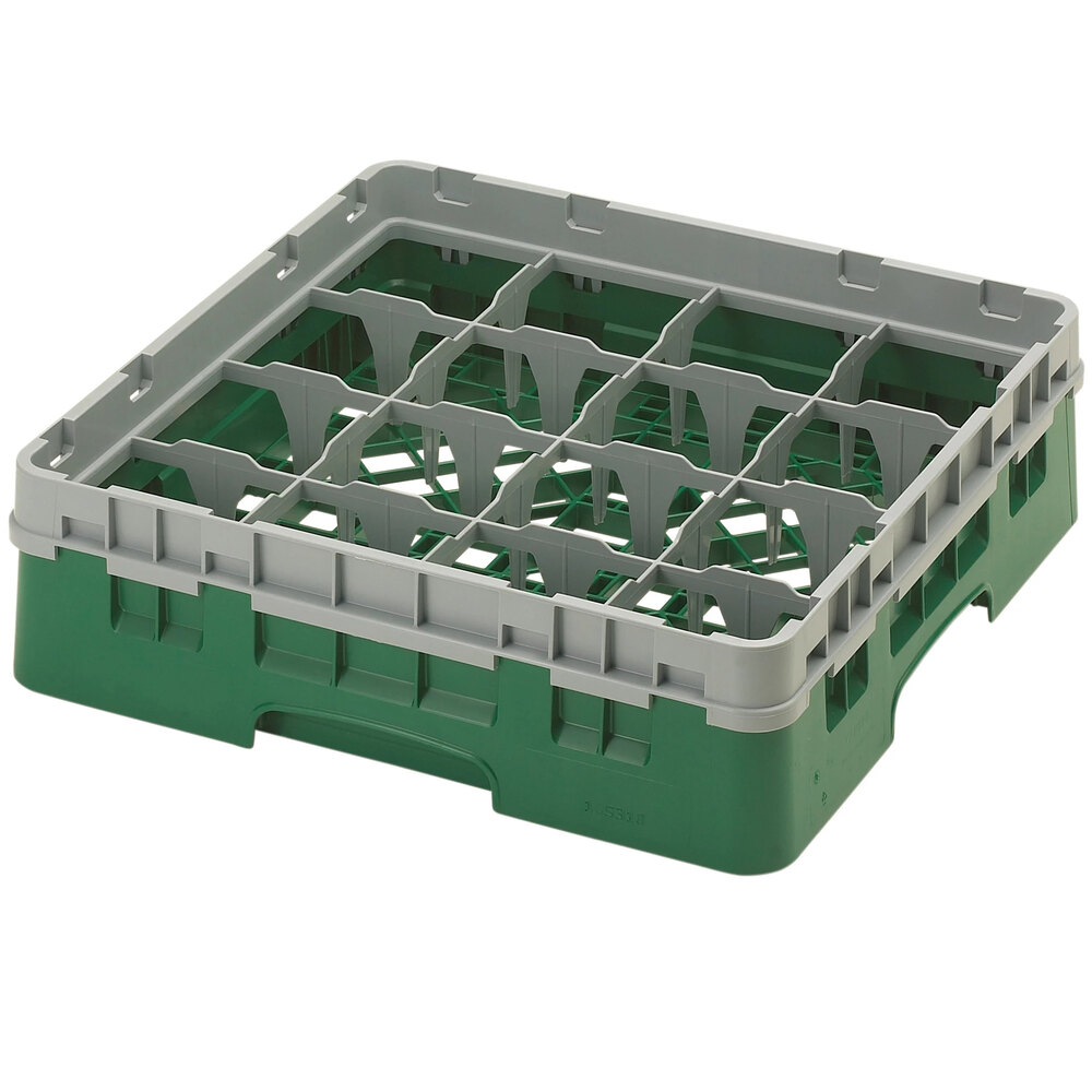 Cambro 16S318119 Camrack 3 5/8" High Customizable Sherwood Green 16 Compartment Glass Rack with 1 Extender